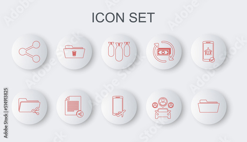 Set line Folder, Share folder, Aviation bombs, Car sharing, Delete, file and Flight mode the mobile icon. Vector