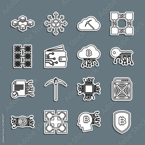 Set line Shield with bitcoin, ASIC Miner, Cryptocurrency key, cloud mining, wallet, Mining farm, Blockchain technology and icon. Vector