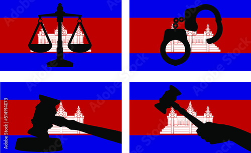 Cambodia flag with justice vector silhouette, judge gavel, scales of justice, handcuff silhouette on country flag photo