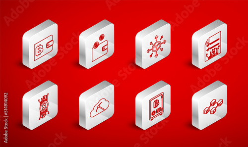Set line Blockchain technology, Cryptocurrency wallet, Distribution, Smart contract, Proof of stake, cloud mining and bitcoin circuit icon. Vector