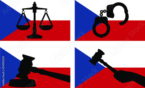 Czech Republic flag with justice vector silhouette, judge gavel, scales of justice, handcuff silhouette on country flag