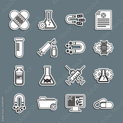 Set line Medicine pill or tablet, Bioengineering, Gene editing, Magnet with money, Medical syringe and vial, Test tube flask, Crossed bandage plaster and icon. Vector
