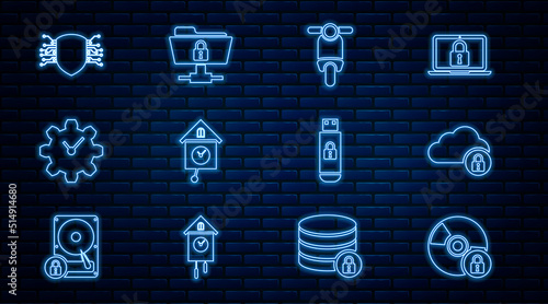Set line CD or DVD disk with lock, Cloud computing, Scooter, Retro wall watch, Time Management, Cyber security, USB flash drive and FTP folder and icon. Vector