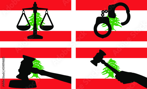 Lebanon flag with justice vector silhouette, judge gavel, scales of justice, handcuff silhouette on country flag