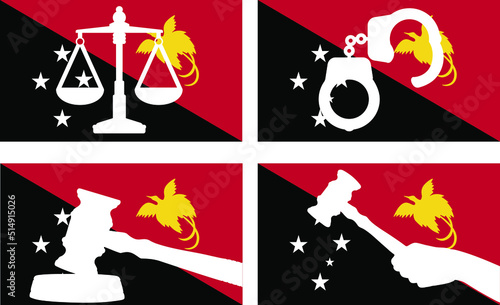 Papua New Guinea flag with justice vector silhouette, judge gavel, scales of justice, handcuff silhouette on country flag