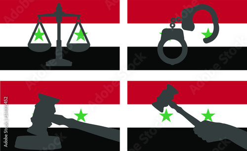 Syria flag with justice vector silhouette, judge gavel, scales of justice, handcuff silhouette on country flag