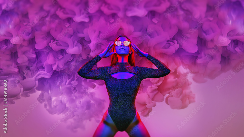 Neon close up portrait of young woman in red sunglasses. Disco dance neon clouds concept. - obrazy, fototapety, plakaty 