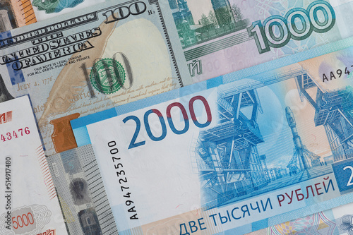 Money from different countries: dollars, euros, rubles. International currencies background.