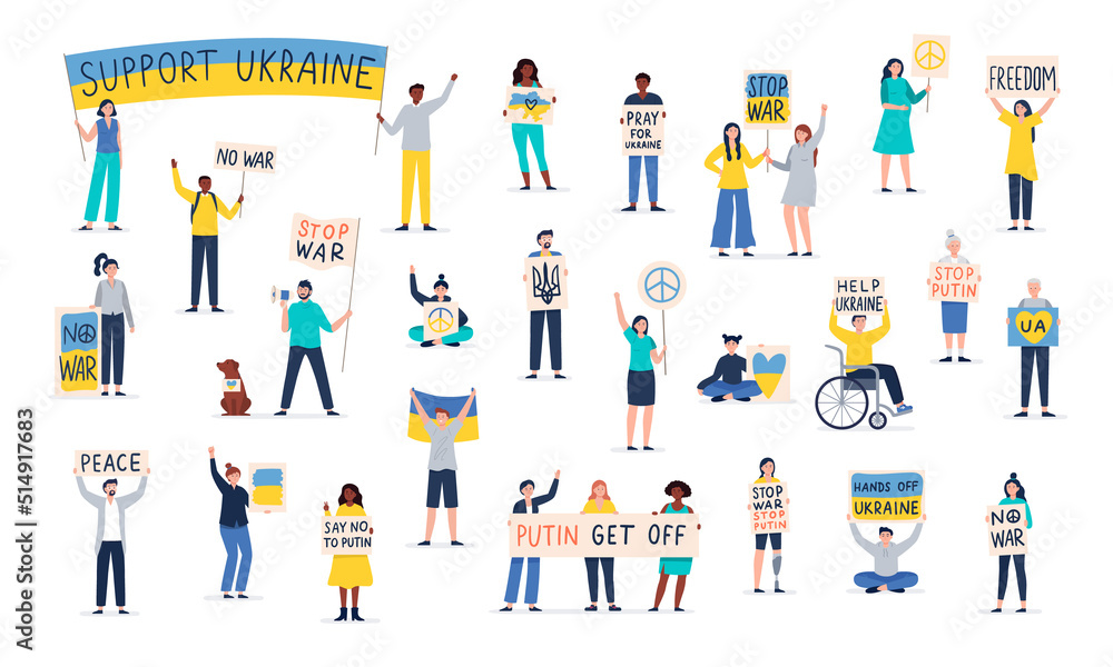 A big crowd of protesting people holding placards against the war in Ukraine. Men and women protest with signboards. Strikes, and protests around the world. Save Ukraine. Vector flat illustration.