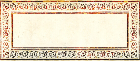 Grunge horizontal banner with old paper texture and detail of traditional persian mosaic geometric and floral ornament, Iran