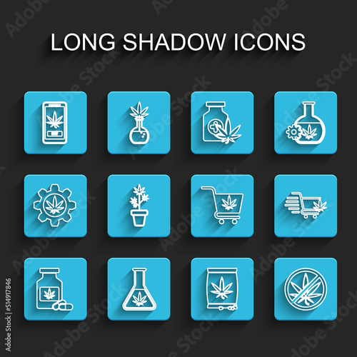 Set line Medical bottle with marijuana, Test tube, Online buying, Marijuana or cannabis seeds, Stop, plant pot, Shopping cart and icon. Vector