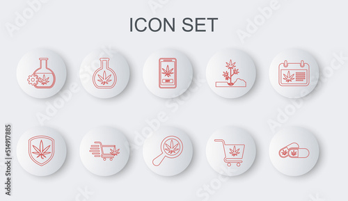 Set line Medical pills with marijuana, Shield and, Online buying, Shopping cart, Test tube, and Magnifying glass icon. Vector
