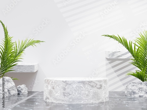 Minimalist marble circle podium for product presentation on palm plant background and open curtains on gray, 3d render
