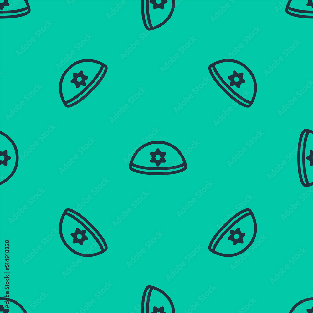 Blue line Jewish kippah with star of david icon isolated seamless pattern on green background. Jewish yarmulke hat. Vector Blue line Jewish kippah with star of david icon isolated seamless pattern on green background. Jewish yarmulke hat. Vector