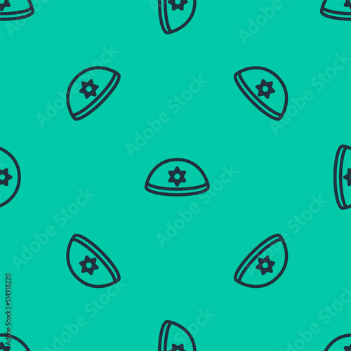 Blue line Jewish kippah with star of david icon isolated seamless pattern on green background. Jewish yarmulke hat. Vector