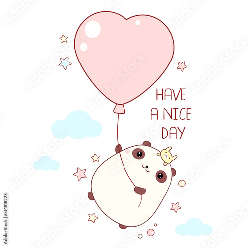 Happy fat panda with bunny toy having fun flying up with heart-shaped air balloon. Kawaii cartoon baby panda. Inscription Have a nice day. Freedom and happy childhood concept. Vector illustration EPS8