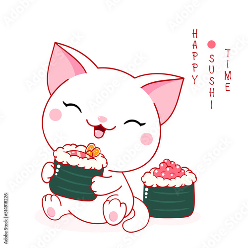 Cute white cat with maki rolls. Inscription Happy sushi time. Kawaii little kitty are happy to eat sushi. Vector illustration EPS8