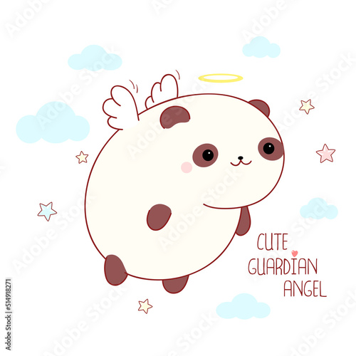 Square card with cute little panda with angel wings and halo. Lovely fat panda with nimbus. Inscription Cute guardian angel. Vector illustration EPS8