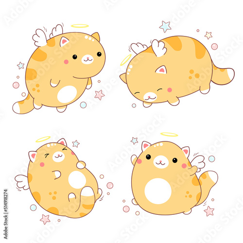 Set of cute little cats with angel wings and halo. Collection of lovely fat kittens with nimbus. Vector illustration EPS8