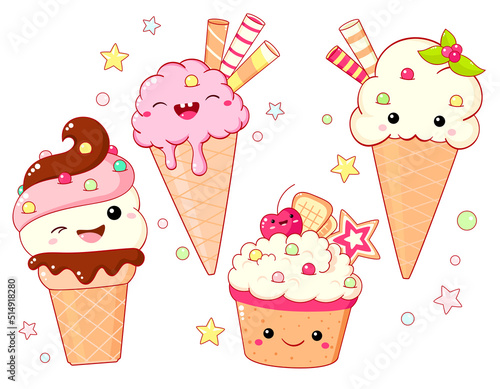 Set of ice cream characters in kawaii style with smiling face and pink cheeks for sweet design. Sundae, gelato in waffle cone. Cute summer food collection. Vector illustration EPS8  