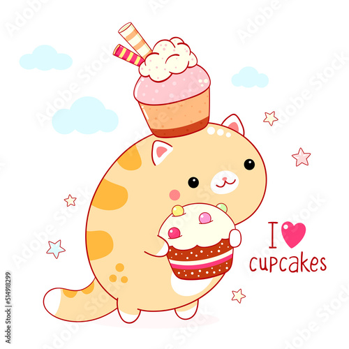 Cute square card in kawaii style. Funny fat cat with cupcakes. Inscription I love cupcakes. Can be used for t-shirt print, stickers, greeting card design. Vector illustration EPS8