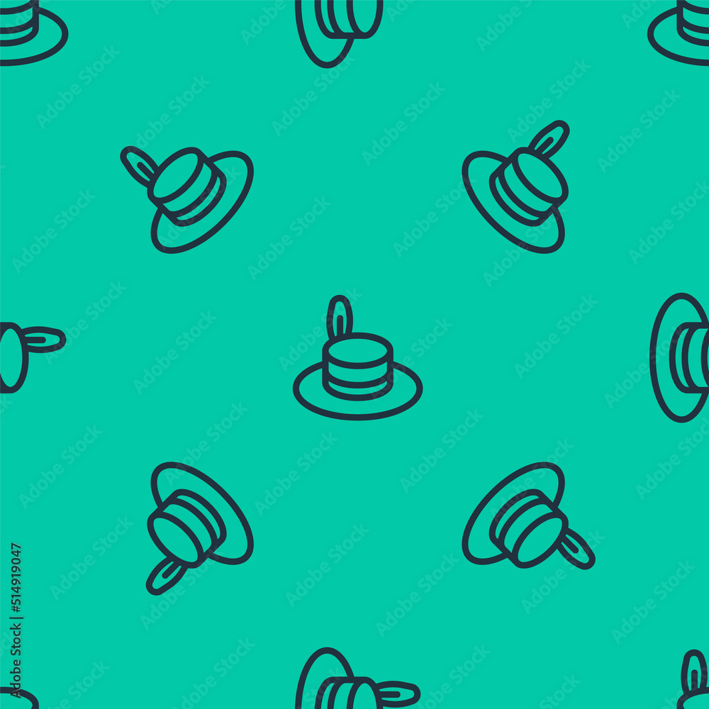Blue line Man hat with ribbon icon isolated seamless pattern on green background. Vector Blue line Man hat with ribbon icon isolated seamless pattern on green background. Vector