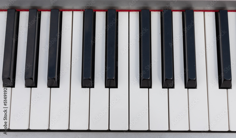 close-up of piano keys. close frontal view, black and white piano keys, viewed from above close-up of piano keys. close frontal view, black and white piano keys, viewed from above