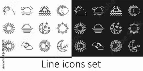 Set line Moon icon  Sun  Sunset  and cloud weather  stars and Cloud icon. Vector