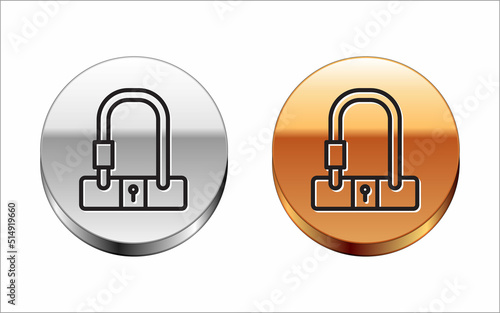Black line Bicycle lock U shaped industrial icon isolated on white background. Silver-gold circle button. Vector