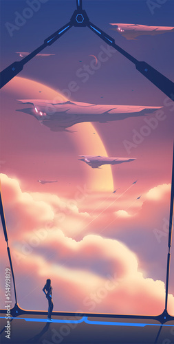 a lady is observing the army fleet that flying over the sea of clouds, on the spaceship corridor