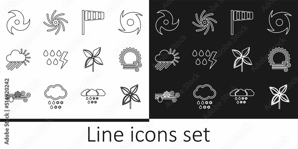 Set line Pinwheel, Wind and sun, Cone windsock wind vane, Storm, Cloudy with rain, Tornado, and icon. Vector