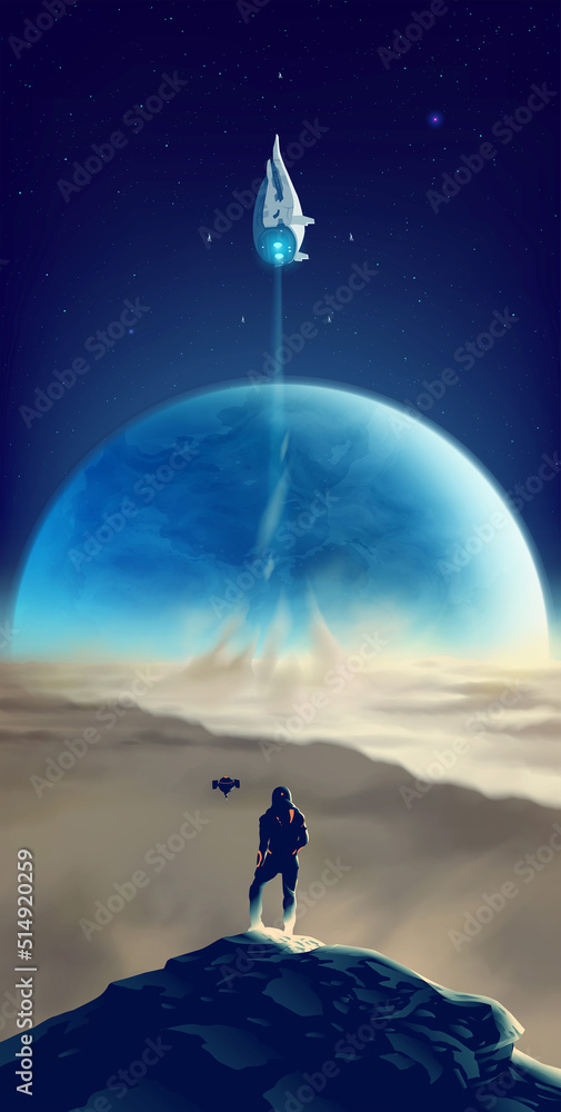 a man in a futuristic suit standing on the peak of an unknown planet with the background of the spaceships flying out to space a man in a futuristic suit standing on the peak of an unknown planet with the background of the spaceships flying out to space