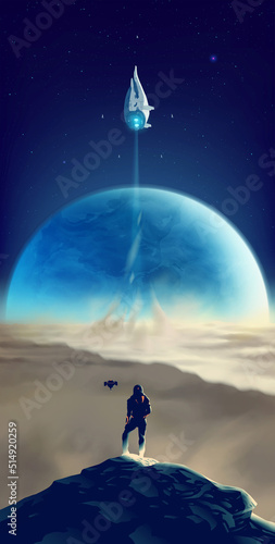 a man in a futuristic suit standing on the peak of an unknown planet with the background of the spaceships flying out to space