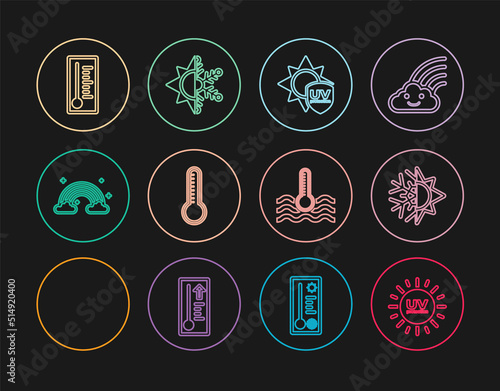 Set line UV protection, Sun and snowflake, Meteorology thermometer, Rainbow with clouds, Water and icon. Vector