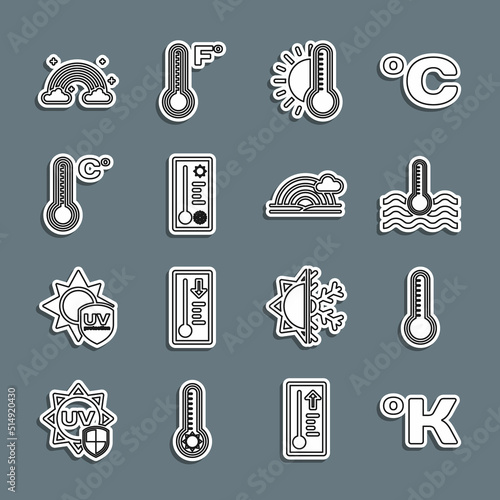 Set line Kelvin, Meteorology thermometer, Water, Thermometer with sun, Rainbow clouds and icon. Vector