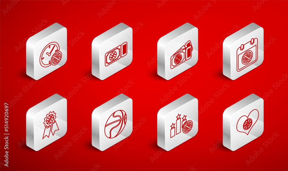 Set line Heart with basketball ball, Basketball game ticket, on sport calendar, Sports winner podium, Clock, and award icon. Vector Set line Heart with basketball ball, Basketball game ticket, on sport calendar, Sports winner podium, Clock, and award icon. Vector