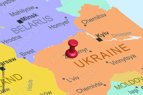 Ukraine with red location placeholder on europe map, close up Ukraine, colorful map with location icon, travel idea, vacation concept