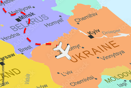 Ukraine with plane and dashed line on europe map, close up Ukraine, vacation concept, fly destination, travel idea, colorful map with plane icon