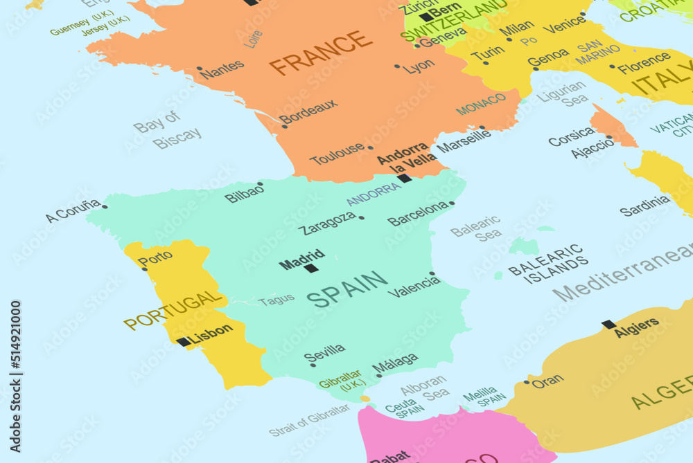 Obraz premium Spain in the middle of europe map, close up Spain, travel idea, destination, vacation concept, colorful map