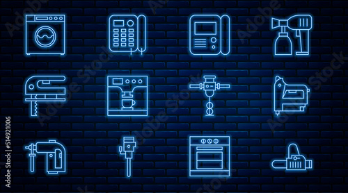 Set line Chainsaw, Electric construction stapler, House intercom system, Coffee machine and cup, jigsaw, Washer, Construction jackhammer and Telephone icon. Vector