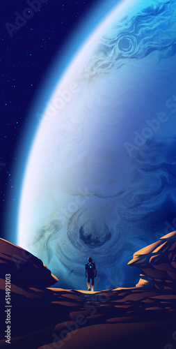 a man in a futuristic spacesuit walking on the Europa