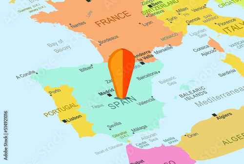 Spain with orange placeholder pin on europe map, close up Spain, vacation concept, travel idea, colorful map with location icon