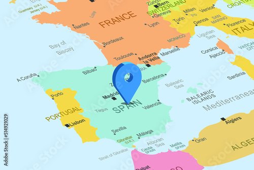 Spain with blue placeholder pin on europe map, close up Spain, colorful map with location icon, travel idea, vacation concept