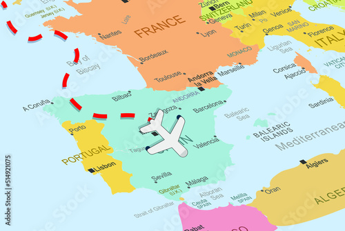 Spain with plane and dashed line on europe map, close up Spain, vacation concept, fly destination, travel idea, colorful map with plane icon