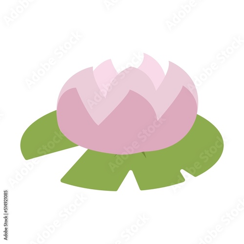 Lotus flower on leaf. Flowering water lily. Simple flat vector isolated on white background