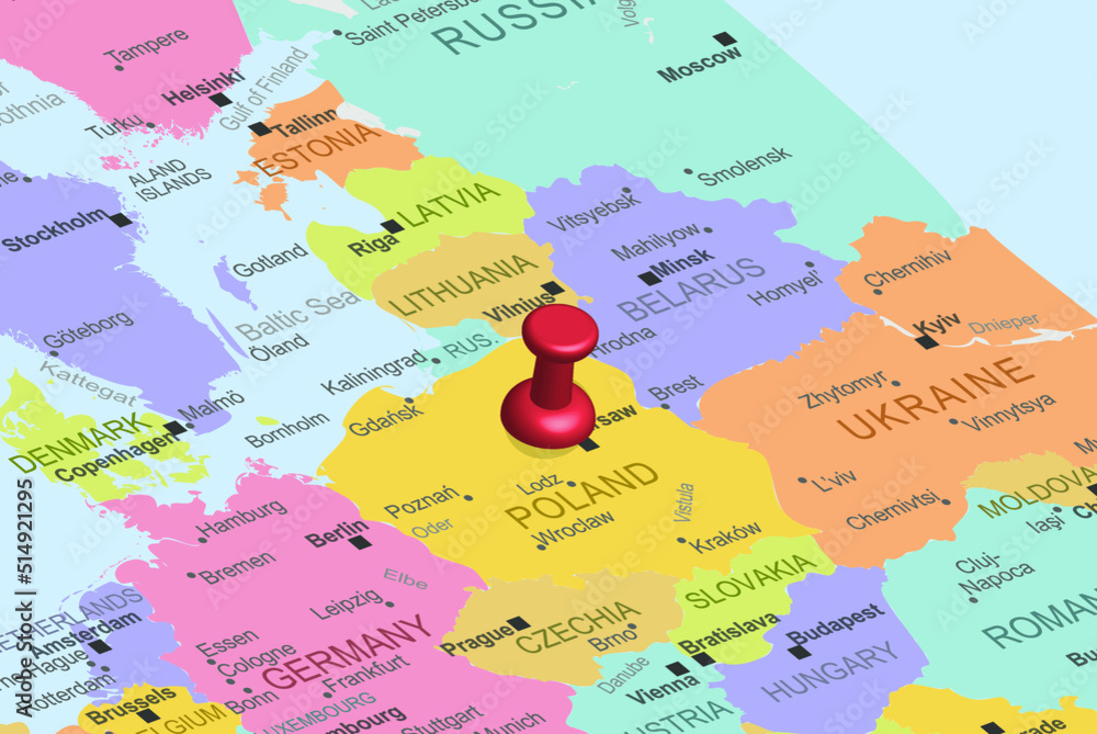 Poland with red fastener pushpin on europe map, close up Poland, travel idea, colorful map with location icon, vacation concept