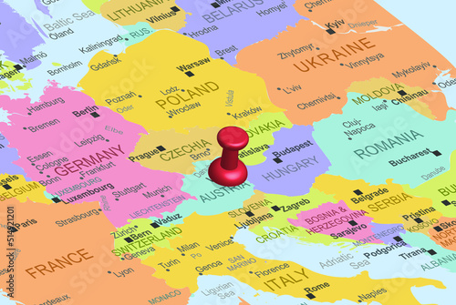 Austria with red fastener pushpin on europe map, close up Austria, travel idea, colorful map with location icon, vacation concept