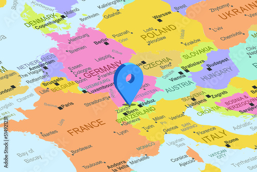 Switzerlad with blue placeholder pin on europe map, close up Switzerlad, colorful map with location icon, travel idea, vacation concept