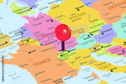Switzerlad with red location placeholder on europe map, close up Switzerlad, colorful map with location icon, travel idea, vacation concept