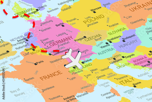 Switzerlad with plane and dashed line on europe map, close up Switzerlad, vacation concept, fly destination, travel idea, colorful map with plane icon